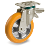 65 ER SRP/PT FR - High thickness "TR" polyurethane wheels with ergonomic rounded profile, aluminum center, "PT" type swivel support with brake