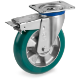 SRP/M FR - "TR-ROLL" polyurethane wheels with ergonomic round profile, aluminium centre, swivel top plate bracket type "M" with adjustable front-locking brake