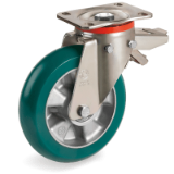 SRP/P FR - "TR-ROLL" polyurethane wheels with ergonomic round profile aluminium centre, swivel top plate bracket type "P" with brake