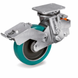 SRP/EES MHD FR - “TR-ROLL” polyurethane wheels cast iron centre, swivel top plate electrowelded sprung-loaded bracket type EES MHD with adjustable front brake