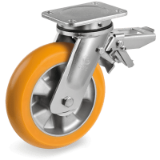 SRP/ER EE MHD FR - Thick "TR" polyurethane wheels with ergonomic round profile, aluminium centre, swivel top plate bracket type "EE MHD" with ajustable rear break