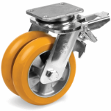 TR polyurethane wheels with ergonomic round profile, aluminium centre, twin swivel electrowelded bracket (EEG MHD) with brake - Wheels in 'TR' polyurethane, high thickness and rounded profile with aluminum core