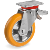 SRP/ER EP FR - Thick "TR" polyurethane wheels with ergonomic round profile, aluminium centre, swivel top plate bracket type "EP" with adjustable rear brake