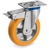SRP/ER M FR - Thick "TR" polyurethane wheels with ergonomic round profile, aluminium centre, swivel top plate bracket type "M" with adjustable front-locking brake