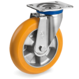 SRP/ER M - Thick "TR" polyurethane wheels with ergonomic round profile, aluminium centre, swivel top plate bracket type "M"