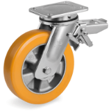 SRP/EE MHD FR - Wheels in thick "TR" polyurethane, aluminium centre, swivel top plate bracket type "EE MHD" with rear adjustable brake